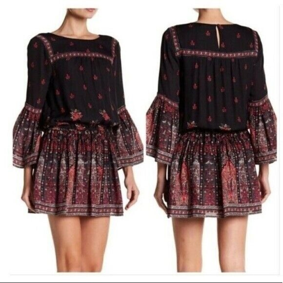 JOIE Armel Floral print Long sleeve Blouson Mini Dress Black Size S - Picture 1 of 10